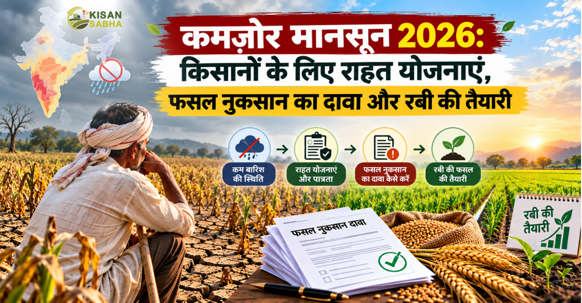 Weak Monsoon 2026 causing crop damage in India, with farmer relief schemes, crop loss claims and Rabi crop planning