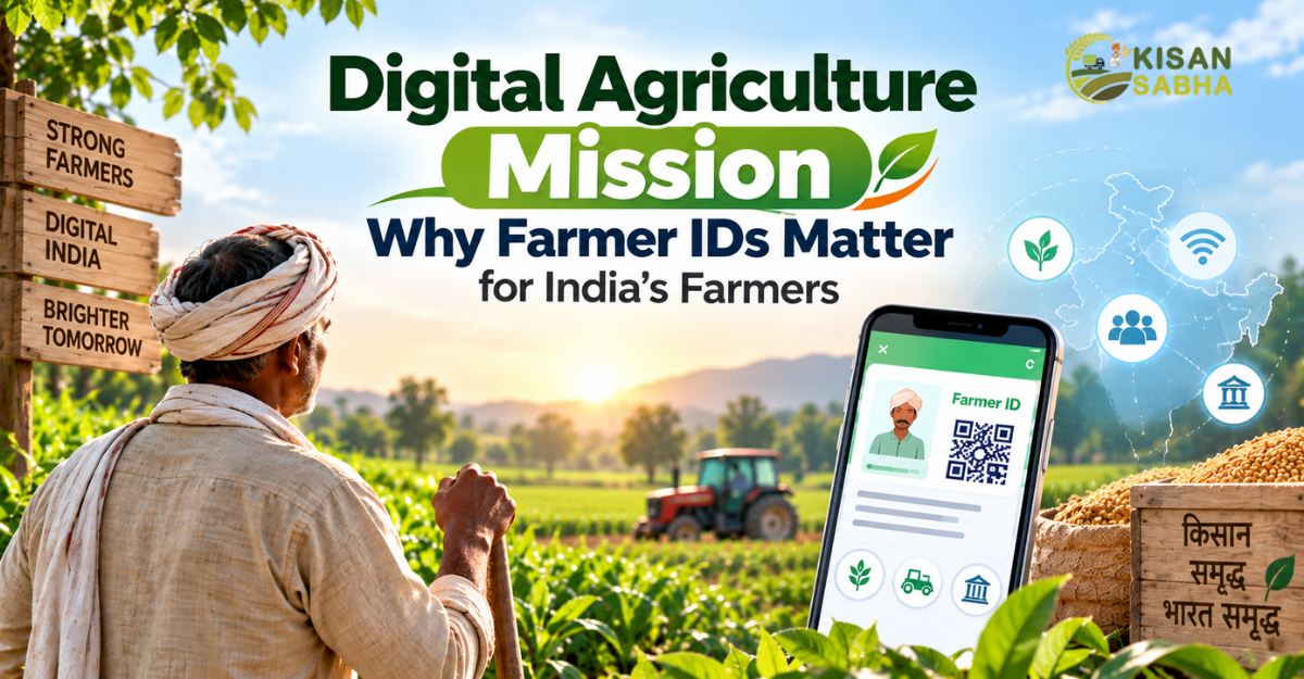 Digital Agriculture Mission and Farmer ID for Indian farmers, showing digital agriculture technology and a farmer in a field.