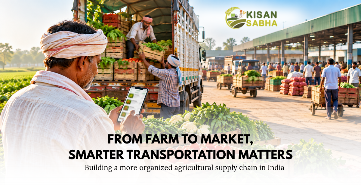 Farmer using a mobile phone while fresh produce is loaded onto a truck for farm-to-market transportation in India