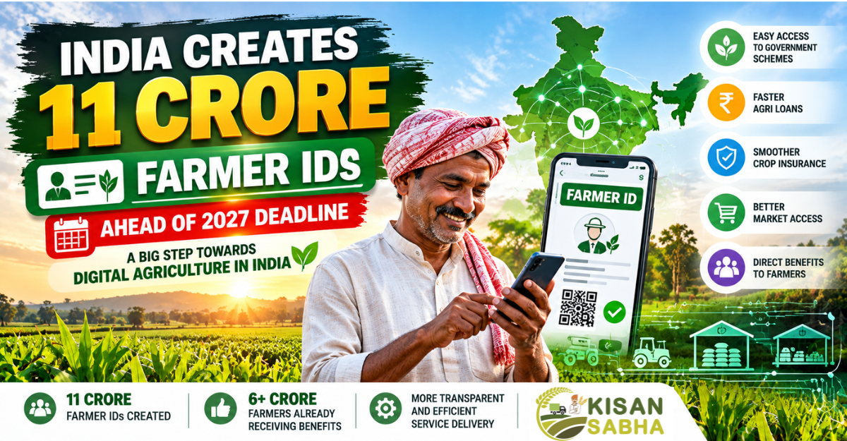 India achieves 11 crore Farmer IDs ahead of the 2027 deadline, featuring an Indian farmer using a smartphone for digital agriculture services.